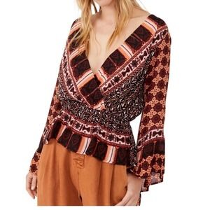 Free People Rosalie Faux Wrap Top Cinched Elastic Waist  Sz M Bell Sleeves Boho